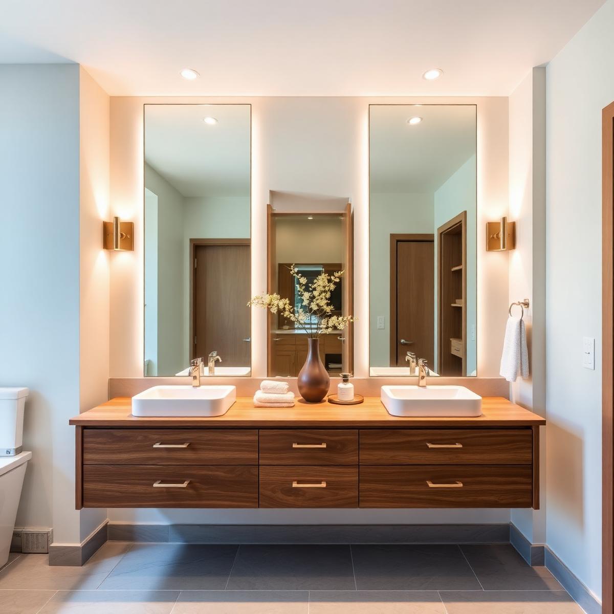 Custom bathroom vanity mirror above a wood vanity